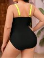 SHEIN Swim SPRTY Plus Size Women's Contrast Pleated One-Piece Swimsuit