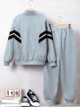 SHEIN Kids SPRTY Boys' Loose Fit Sporty Stand Collar Colorblock Hoodie And Sweatpants Set, Youth