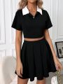 Contrast Color Turn Down Collar Cropped Top & Pleated Midi Skirt Set