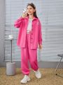 SHEIN Kids EVRYDAY Teenage Girls' Loose Fit Casual Shirt And Jogger Pants Set With Letter Applique