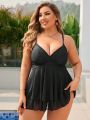 SHEIN Swim Vcay Plus Size Double-Layer Hem Adjustable Shoulder Strap Camisole Top And Triangle Pant Bikini Swimsuit Set