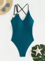 SHEIN Swim BAE Solid Color Backless Crisscross Halter One-Piece Swimsuit