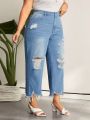 SHEIN LUNE Plus Size High Waist Jeans With Distressed Design