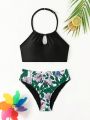 Teen Girls' Halter Top And Plant Printed Bikini Set