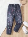 SHEIN Kids CHARMNG Girls' Denim Print Pants For Spring, Summer And Autumn