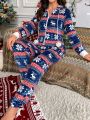 Christmas Pattern Zip Up Drawstring Hooded Sleep Jumpsuit