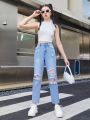 SHEIN Teen Girl Ripped Straight Leg Jeans