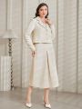 SHEIN Modely Imitation Pearl Button Jacket + Skirt Women's Two-piece Set