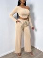 SHEIN SXY Solid Color Asymmetric Neck Top With Drawstring Waist Long Pants Two Piece Set