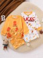 4pcs Baby Girls' Cartoon Printed Long Sleeve T-shirt And Pants Set