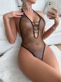 1pc Deep V Neck Backless Mesh Halter Bodysuit Sexy Outfit For Music Festival