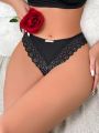 Women's Black Lace Butterfly Decorated Thong Panties