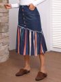SHEIN LUNE Women's Striped Hem Denim Skirt