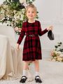 SHEIN Kids FANZEY Toddler Girls Plaid Print Dress Without Belt