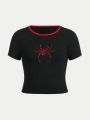 SHEIN Kids Cooltwn Girls' Spider Pattern Knit Round Neck Short Sleeve T-Shirt, Sporty Style