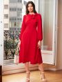 SHEIN Clasi Women's Fashionable Red Long Sleeve Dress With Bow Decoration