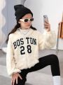 SHEIN Tween Girl Letter Embroidery Drop Shoulder Zipper Teddy Jacket