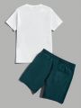 SHEIN Teen Boys' Casual Short Sleeve T-Shirt With Woven Label And Color Block Shorts Outfit, Summer