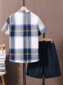 Teen Boy Plaid Short Sleeve Shirt And Cargo Shorts Casual 2-Piece Outfit