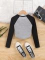 SHEIN Kids EVRYDAY Tween Girls' Knitted Printed Slogan Contrast Color Raglan Sleeve Round Neck Casual Fitted Cropped T-Shirt