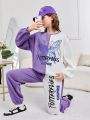 Teen Girl Letter & Butterfly Print Two Tone Drop Shoulder Sweatshirt & Sweatpants