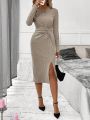 SHEIN Clasi Ribbed Textured Solid Color Twisted Knot Bodycon Dress