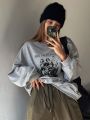 Dazy Star Women's Loose Letter & Character Printed Drop Shoulder Sweatshirt