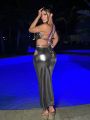 SHEIN SXY Ladies' Silver Metallic Color Sexy Strappy Maxi Dress With Waist Tie