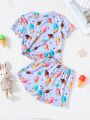 SHEIN Young Girl Knitted Cute Cartoon Ice Cream Printed Two Piece Pajama Set