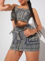 Storm Apparel Denim Belted Cargo Pocket Mini Skirt