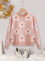 SHEIN Kids CHARMNG Tween Girls Floral Pattern Drop Shoulder Sweater