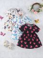 3pcs/set Newborn Baby Girls' Spring/summer Printed Round Neck Short Sleeve Dress