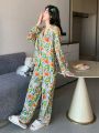 DAZY Women's Floral Printed Long Sleeve Pajamas Set With Long Pants