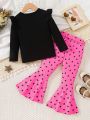 Young Girl Cat Print Ruffle Trim Tee & Heart Flare Leg Pants