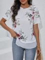 Women'S Floral Print Bottom Patchwork Sheer Mesh Shirt