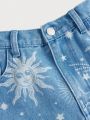 SHEIN Teen Girls' Elastic Waist Sun Moon Star Print Denim Jeans, Water Washed Comfortable Casual Fashionable Style