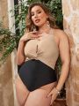 SHEIN Swim Chicsea Plus Size Metallic Finish One-Piece Swimsuit With Drawstring