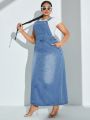 SHEIN SXY Plus Size Water Washed Denim Overall Dress With Diagonal Pockets