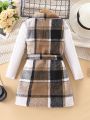 SHEIN Kids EVRYDAY Little Girls' Solid Color T-shirt With Plaid Belt And Waistcoat Jacket Two-piece Set