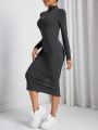 SHEIN PETITE Women's Solid Color Stand Collar Slim Fit Back Slit Dress