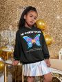 SHEIN Kids Cooltwn Tween Girl 1pc Slogan & Butterfly Print Kangaroo Pocket Hoodie