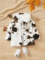 SHEIN Baby Girl Cow Pattern Plush Lined Hooded Mid-length Coat