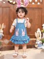 SHEIN Baby Girl's Cute Denim Style Ruffle Hem Overall Skirt With Cartoon Pattern Short Sleeve Top Outfit