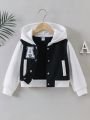 SHEIN Kids Academe Young Girl Letter Graphic Two Tone Hooded Jacket