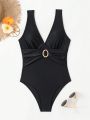SHEIN Swim Chicsea Women'S Black V-Neck Ruched One Piece Swimsuit With Buckle Decor