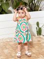 SHEIN Baby Girl Summer Holiday Floral Print Patchwork Spaghetti Strap Dress