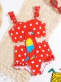 Baby Girl Polka Dot & Bird Print Applique Ruffle One-Piece Swimsuit