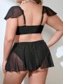 SHEIN Swim Chicsea Plus Size Bikini Swimsuit Set With U-Shaped Metallic Buckle Decoration And Ruffle Hem Design