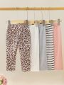 Baby Girl'S Simple Leopard Print Striped Five-Piece Trousers Set