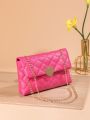 Neon Pink Quilted Detail Heart Decor Chain Flap Square Bag